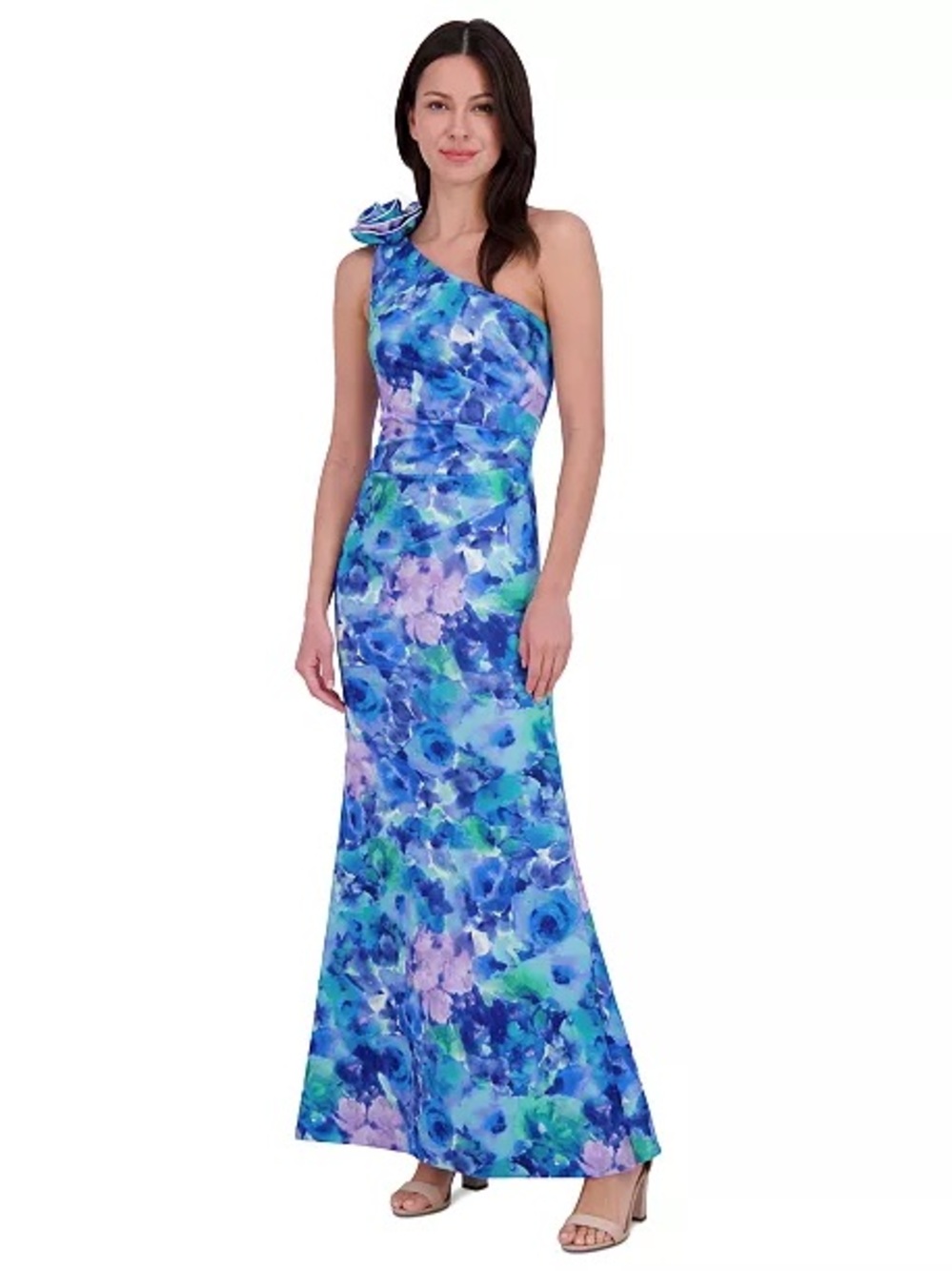 Eliza J One-Shoulder Blue Floral Maxi Dress with Rosette